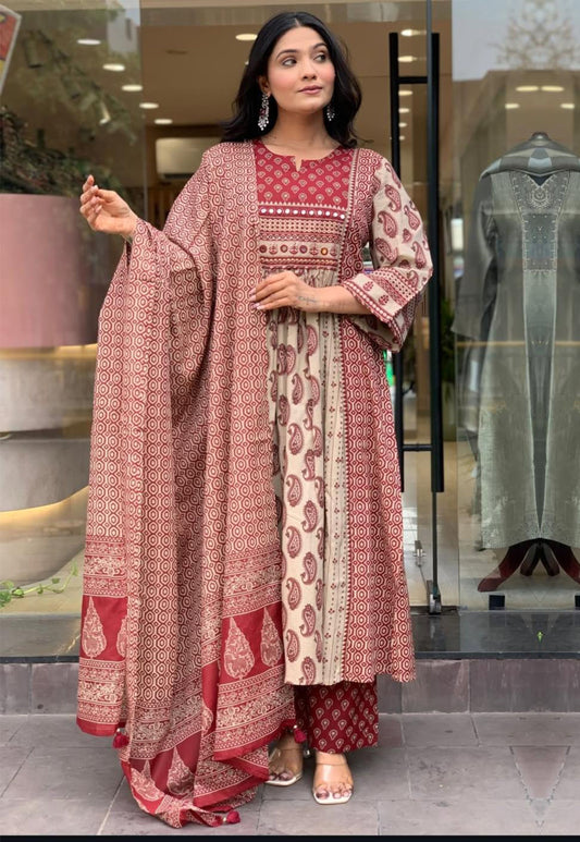 Nazakat Rosewood Blush Printed Cotton Anarkali Suit Set with Dupatta for Women