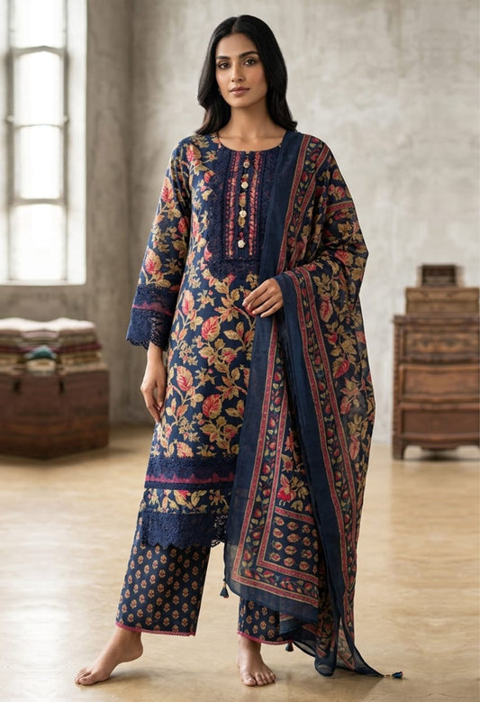 Nazakat Navy Blue Printed Cotton Kurta Set with Dupatta for Women