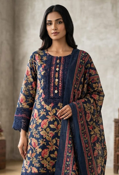 Nazakat Navy Blue Printed Cotton Kurta Set with Dupatta for Women