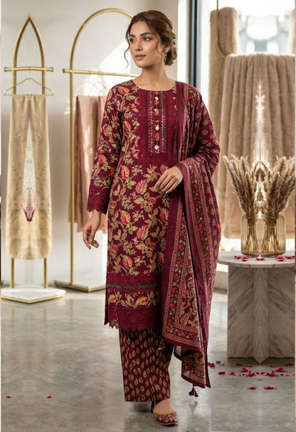 Nazakat Wine Printed Cotton Kurta Set with Dupatta for Women