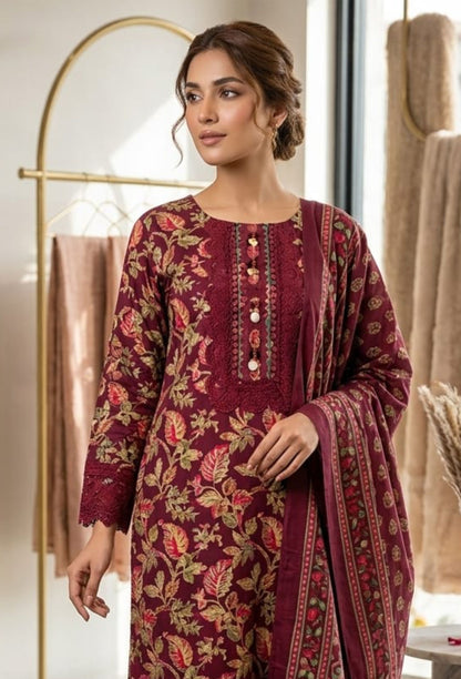 Nazakat Wine Printed Cotton Kurta Set with Dupatta for Women