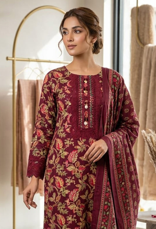 Nazakat Wine Printed Cotton Kurta Set with Dupatta for Women