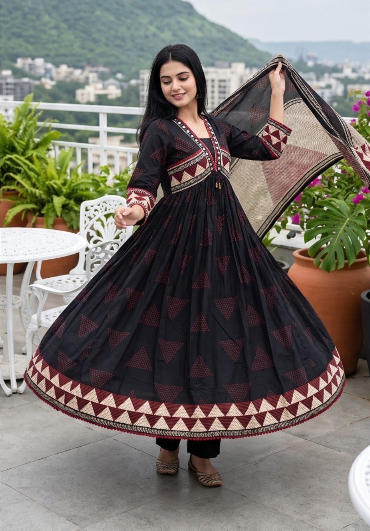 Black Cotton Printed Embroidered Anarkali Suit Set