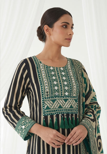 Black Teal Printed Viscose Crepe Farshi Suit Set