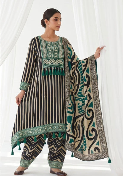 Black Teal Printed Viscose Crepe Farshi Suit Set