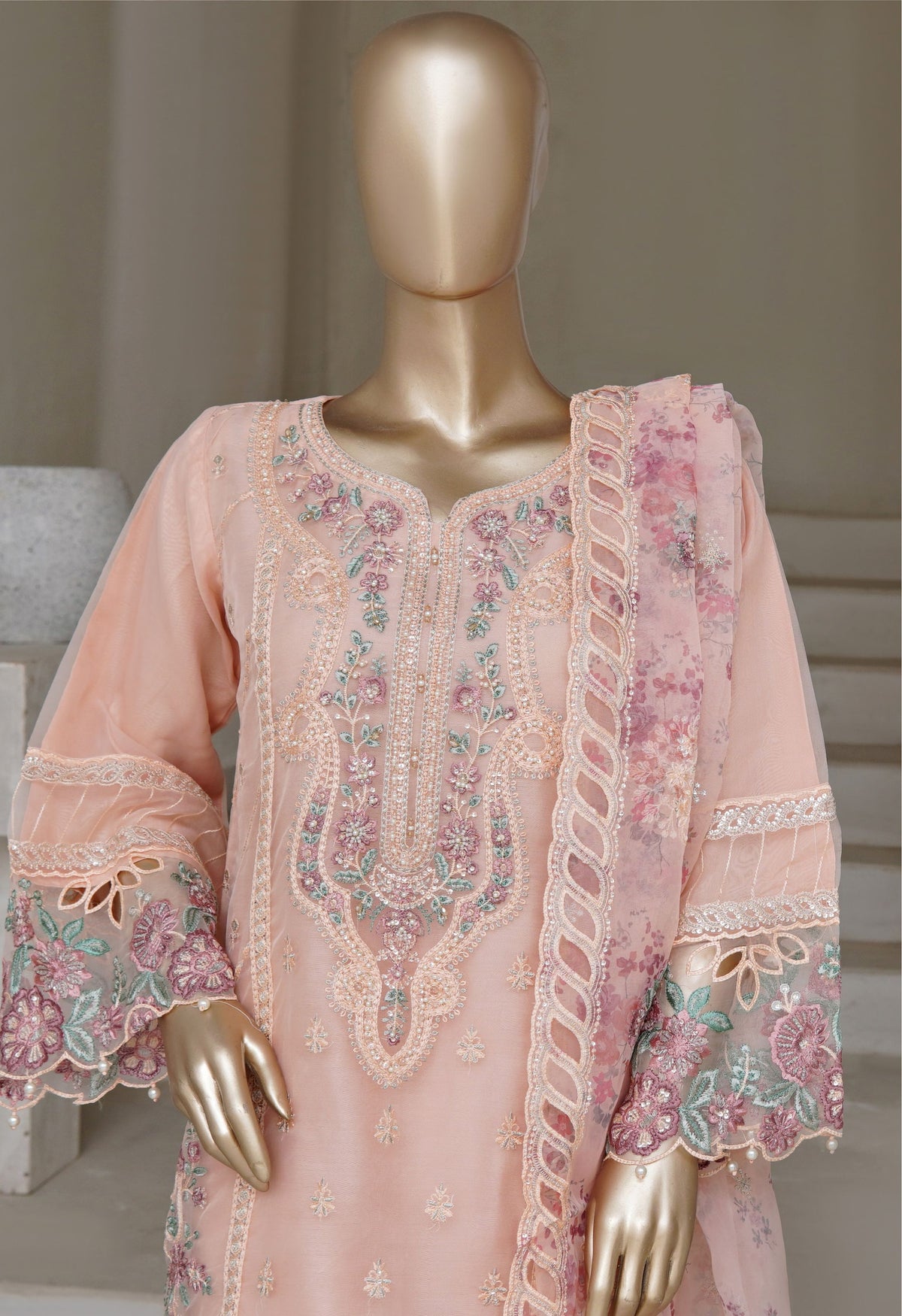 Peach Embroidered Organza Suit with Floral Dupatta - Sadabahar