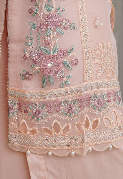 Peach Embroidered Organza Suit with Floral Dupatta - Sadabahar