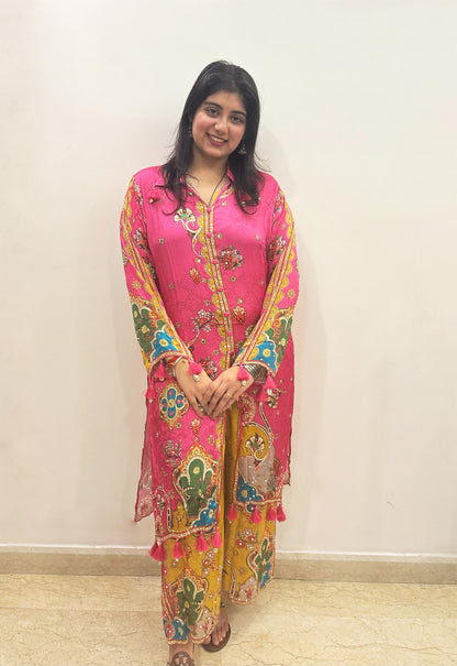 Vibrant Satin Suit with Multicolor Printed Festive Design