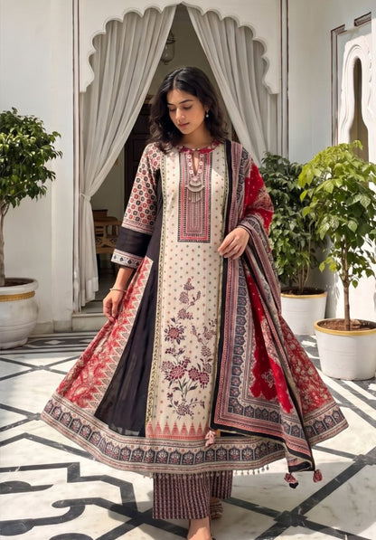 Cream Red Black Georgette With Dupatta festive Kurta Set