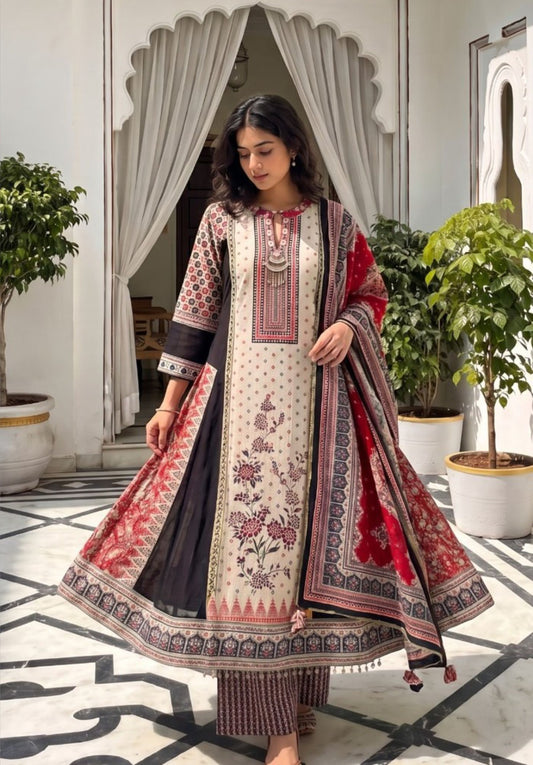 Cream Red Black Georgette With Dupatta festive Kurta Set