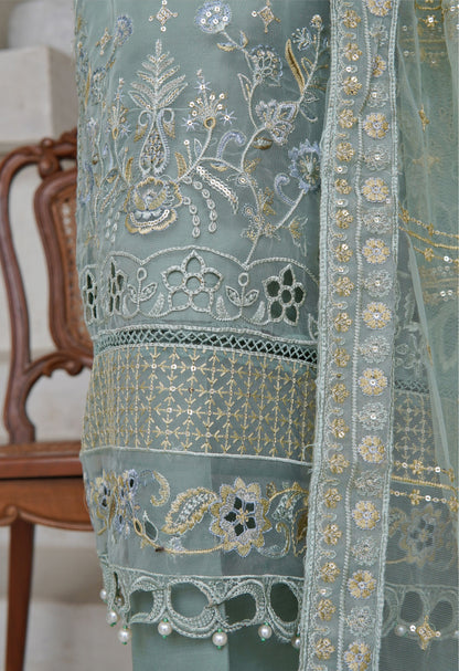 Sea Green Embroidered Organza Suit - Sadabahar