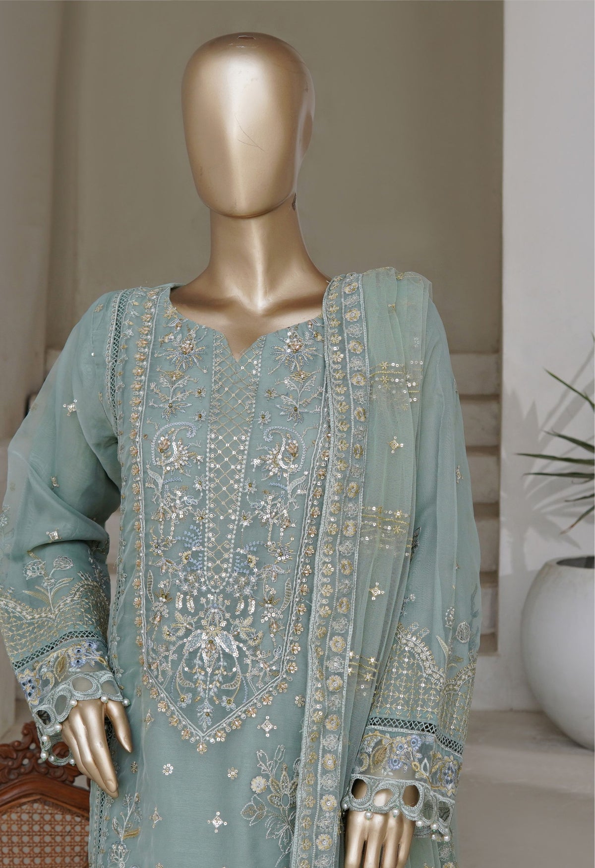 Sea Green Embroidered Organza Suit - Sadabahar