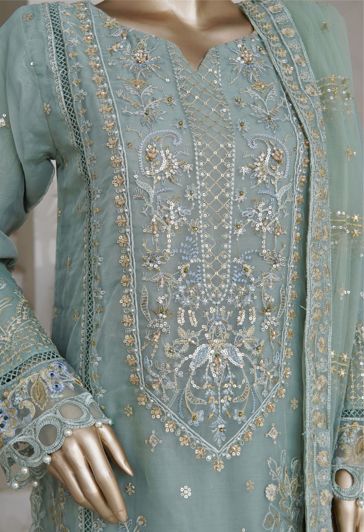 Sea Green Embroidered Organza Suit - Sadabahar