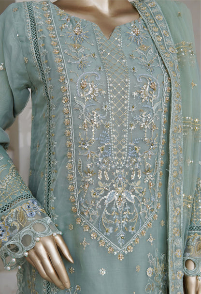 Sea Green Embroidered Organza Suit - Sadabahar