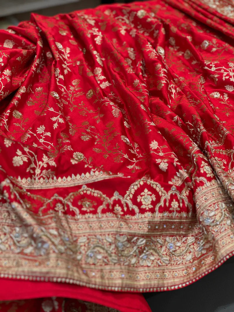 Red Banarasi Crown Border Zardozi Hand Embroidery