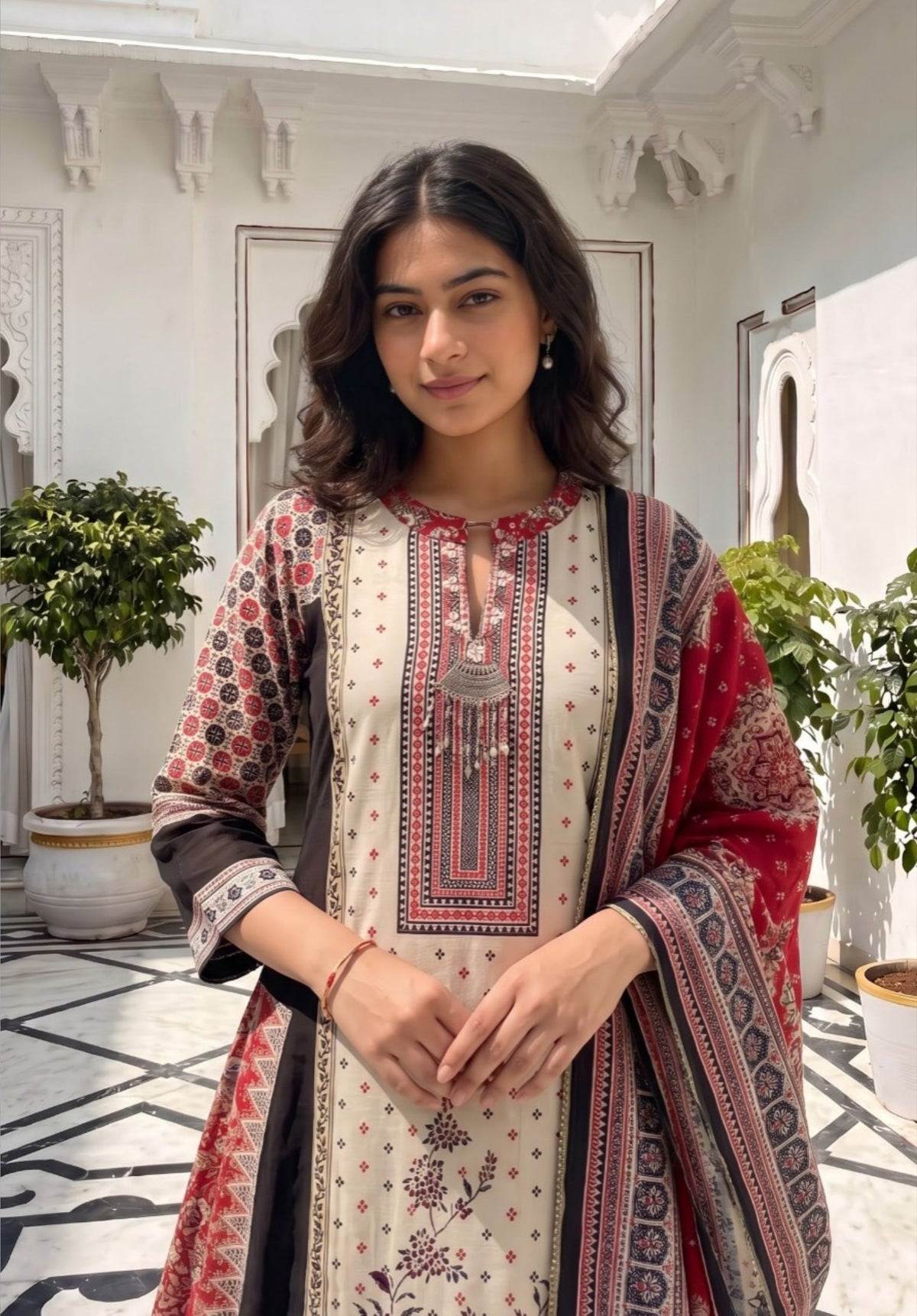 Cream Red Black Georgette With Dupatta festive Kurta Set