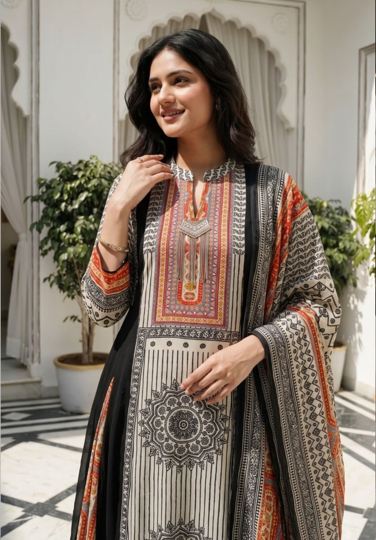 Black Cream Printed Georgette Muslin Kalidar Kurta Suit Set
