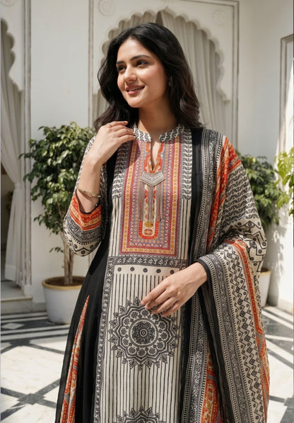 Black Cream Printed Georgette Muslin Kalidar Kurta Suit Set