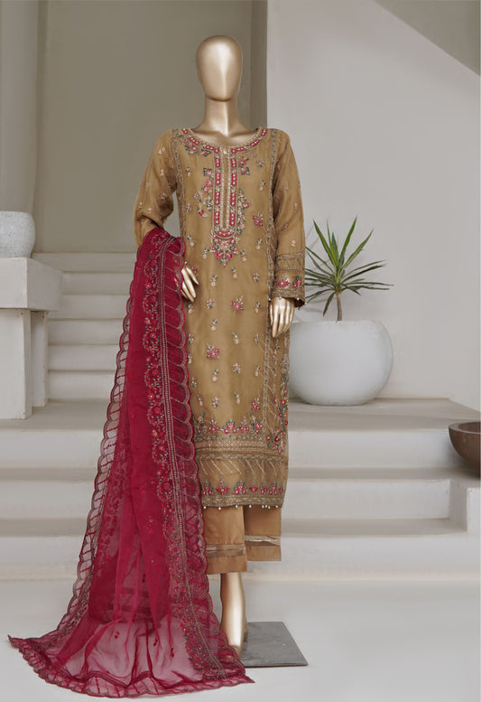 Olive Embroidered Organza Suit with Red Dupatta - Sadabahar