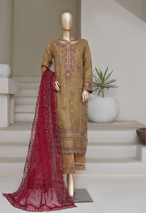 Olive Embroidered Organza Suit with Red Dupatta - Sadabahar