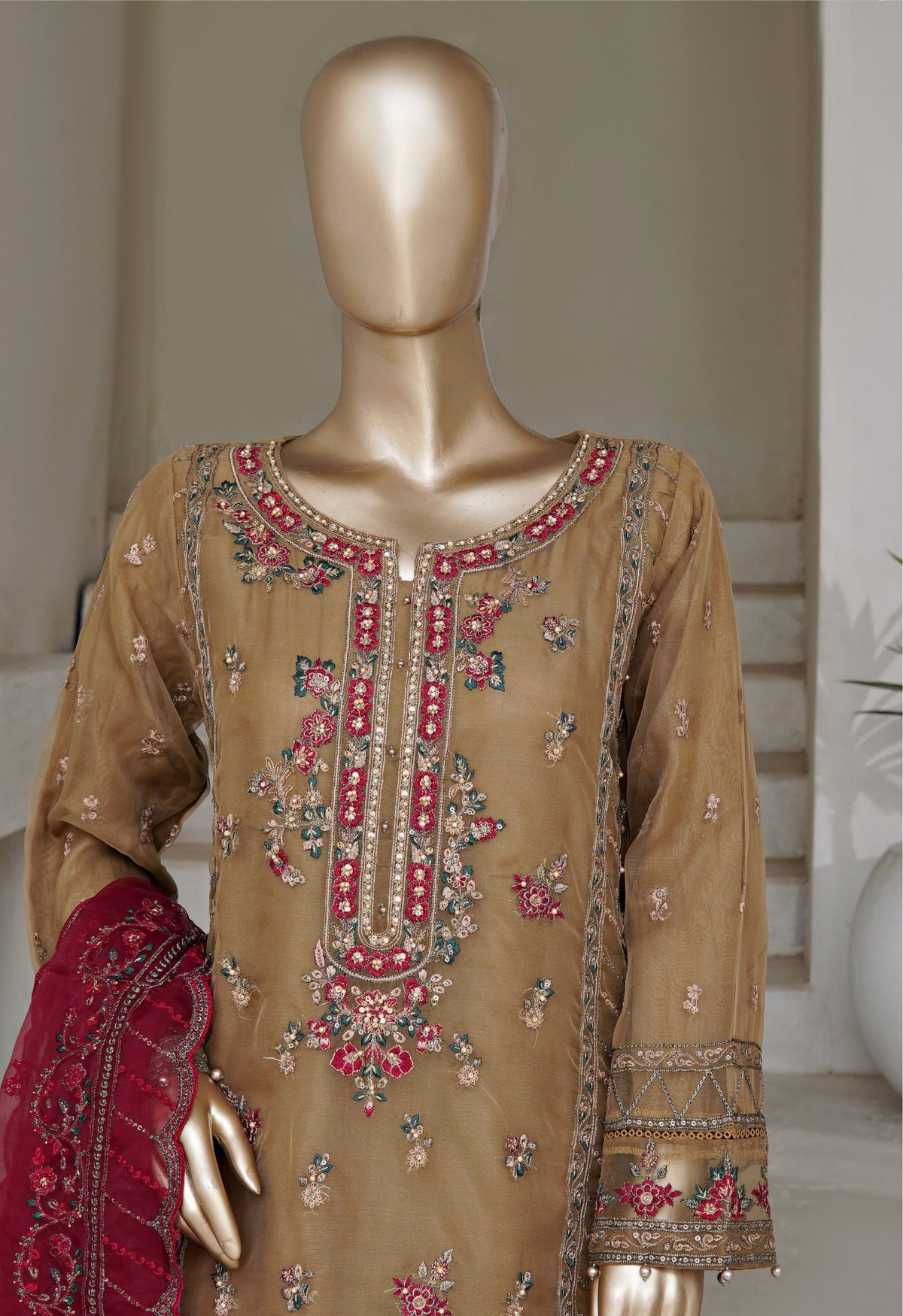 Olive Embroidered Organza Suit with Red Dupatta - Sadabahar