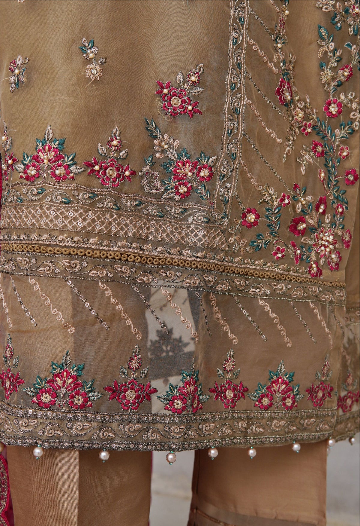 Olive Embroidered Organza Suit with Red Dupatta - Sadabahar