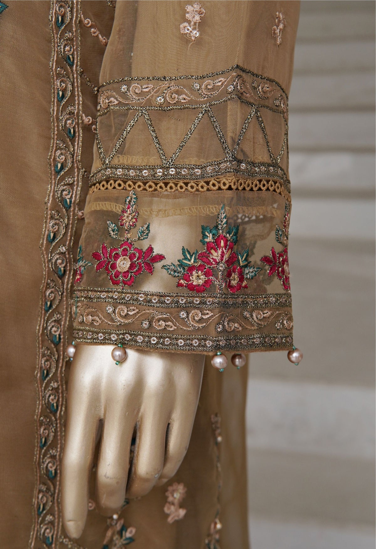 Olive Embroidered Organza Suit with Red Dupatta - Sadabahar