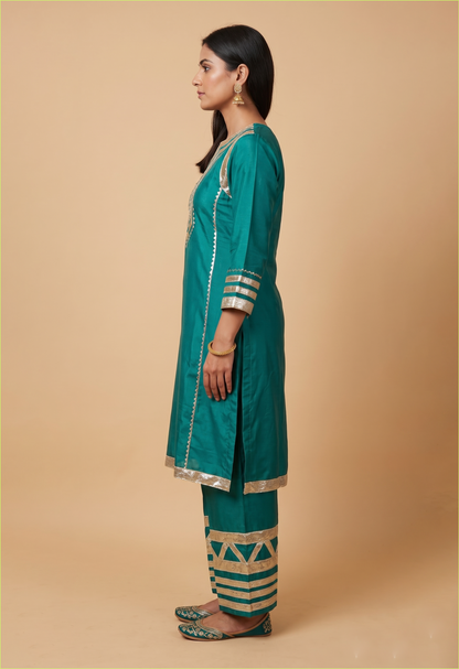 Karina Style Teal Simar Kurta Palazzo Set with Golden Ethnic Detailing
