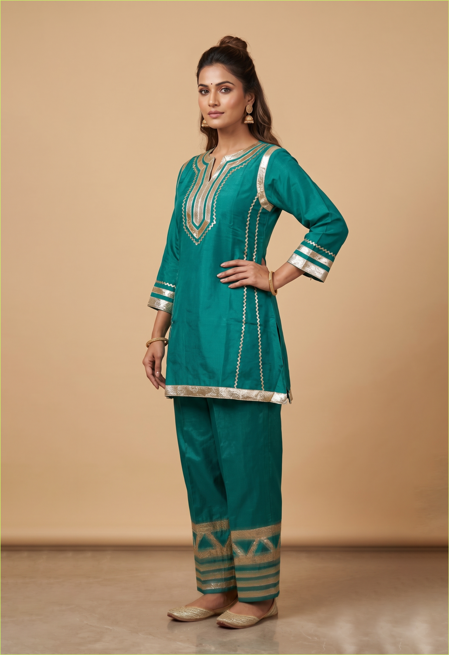Karina Style Teal Simar Kurta Palazzo Set with Golden Ethnic Detailing