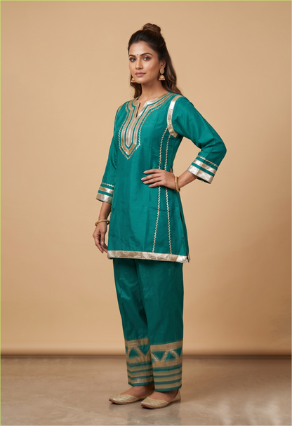Karina Style Teal Simar Kurta Palazzo Set with Golden Ethnic Detailing