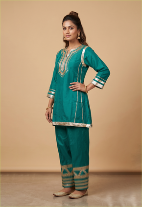 Karina Style Teal Simar Kurta Palazzo Set with Golden Ethnic Detailing