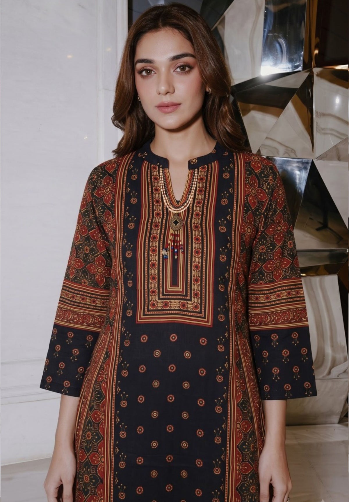 Black Printed Viscose Crepe Kurta Pant Set for Women