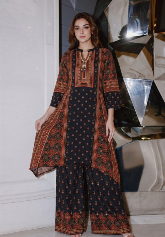 Black Printed Viscose Crepe Kurta Pant Set for Women