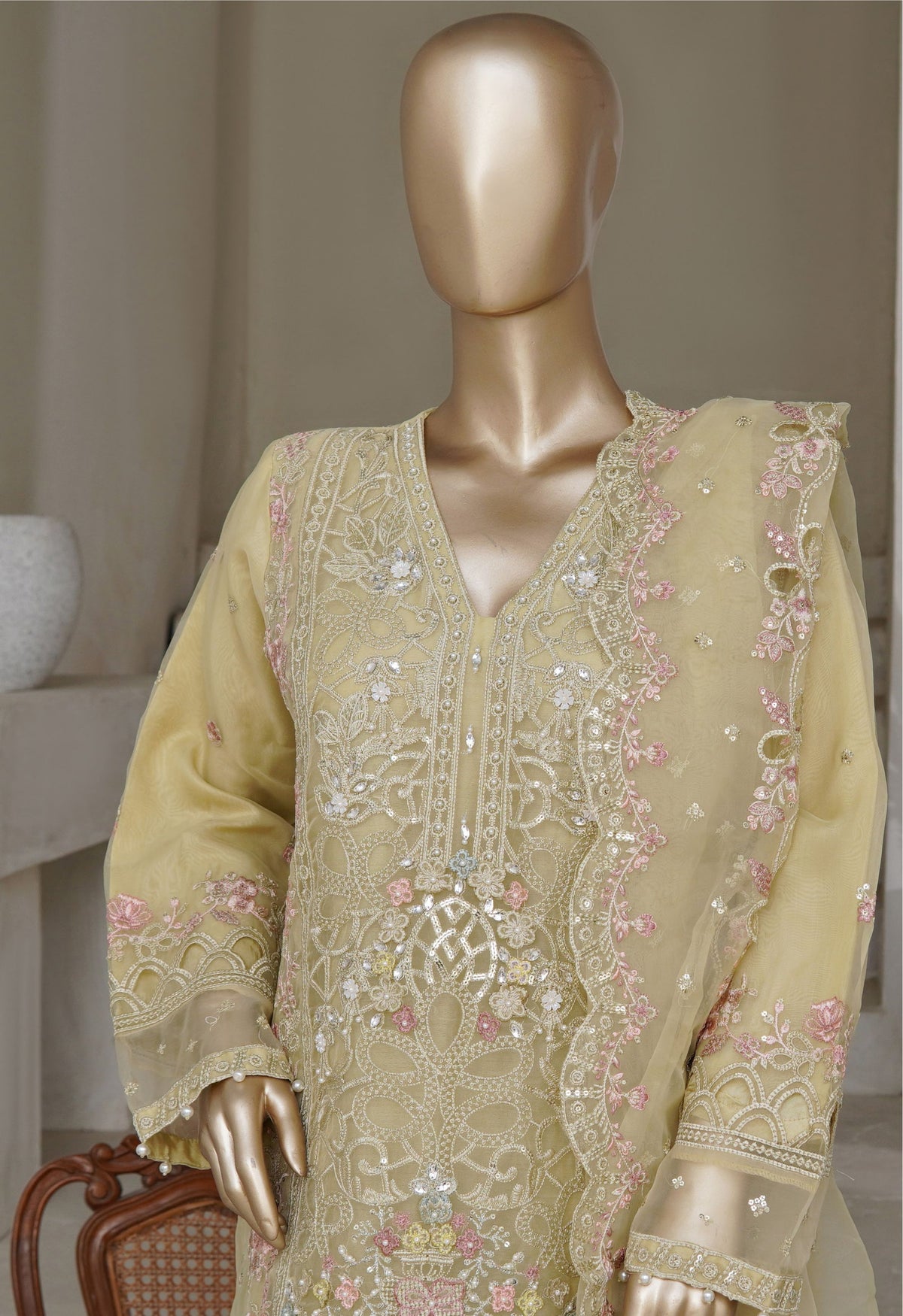 Yellow Embroidered Organza Suit - Sadabahar