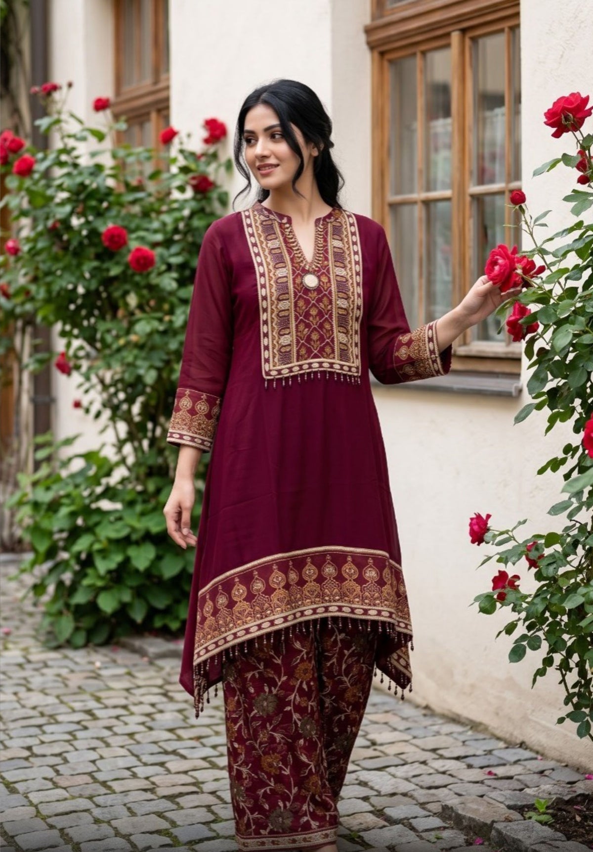 Wine Printed Viscose Georgette Kurta Pant Ethnic Suit Set