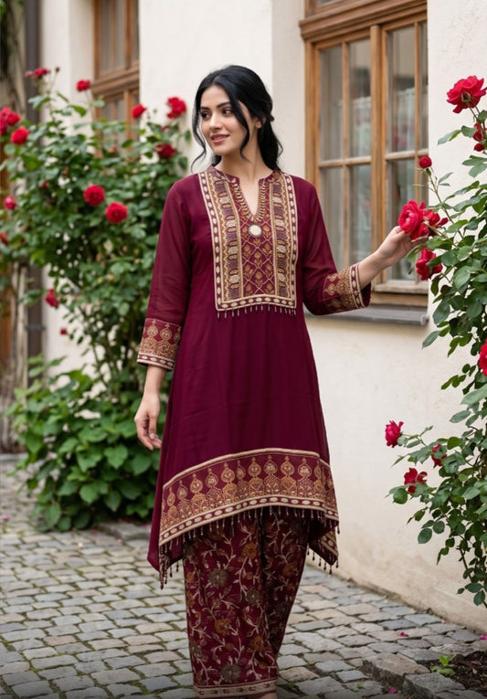 Wine Printed Viscose Georgette Kurta Pant Ethnic Suit Set