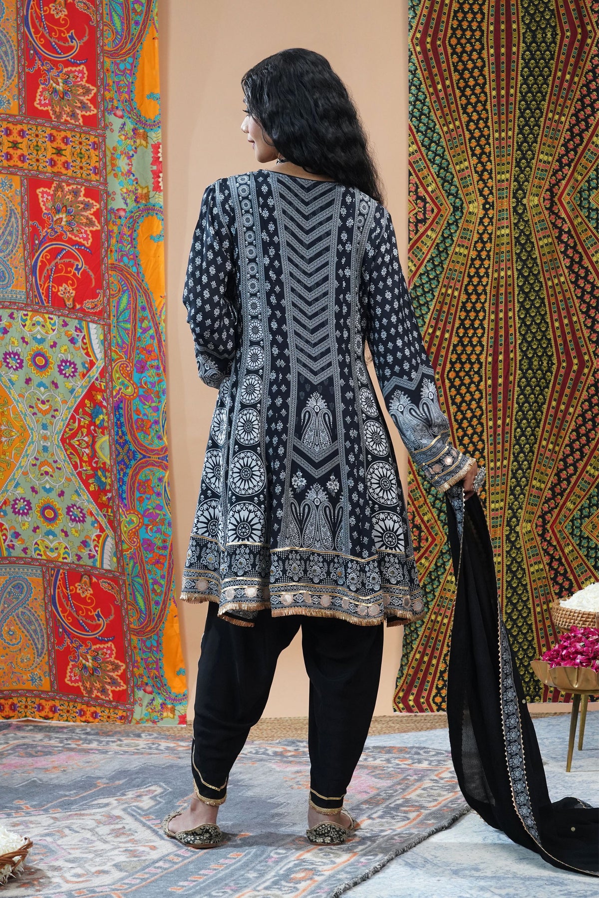Black Embroidered Muslin Short Anarkali Suit Set | Noor-E-Rang