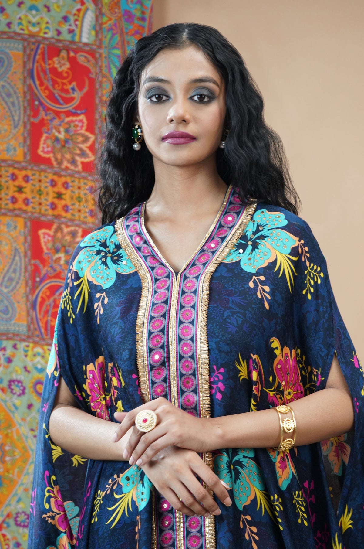Midnight Bloom Navy Cotton Muslin Kaftan Set - Noor-e-Rang