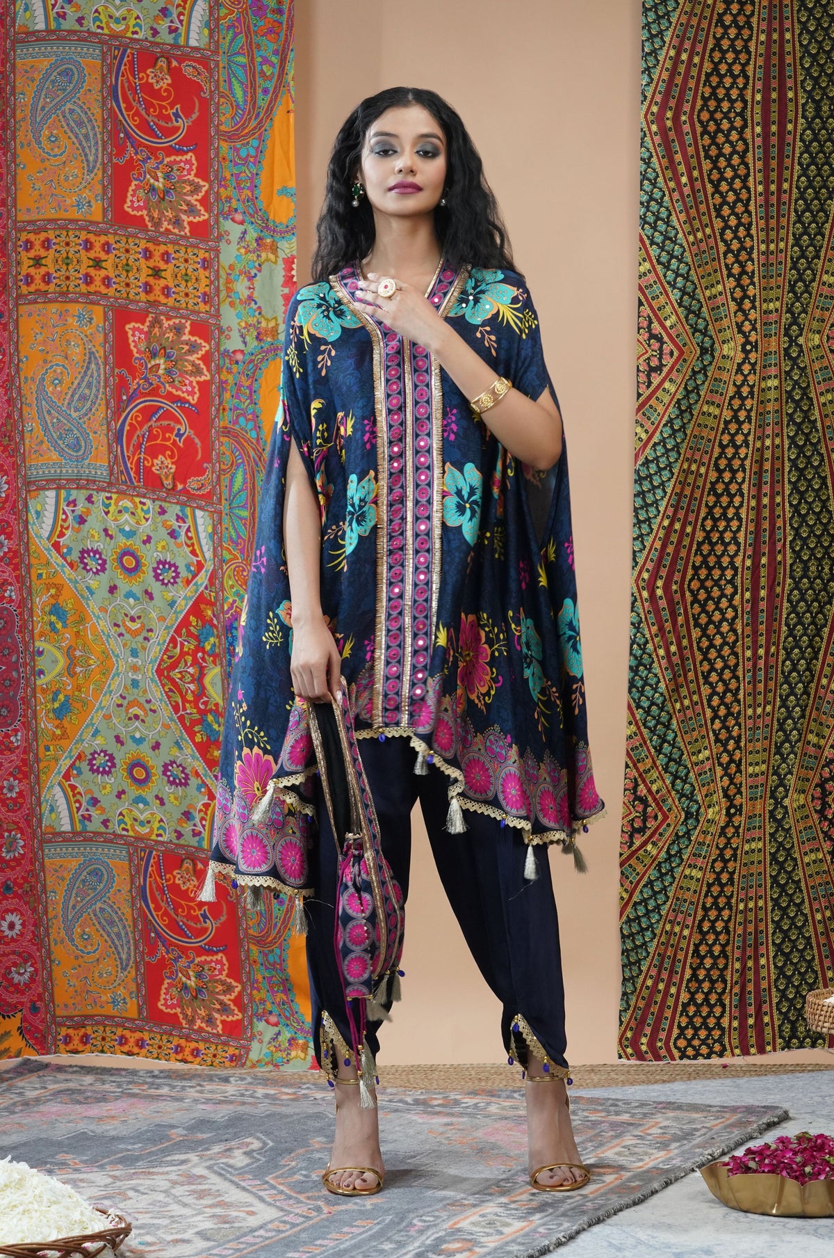 Midnight Bloom Navy Cotton Muslin Kaftan Set - Noor-e-Rang