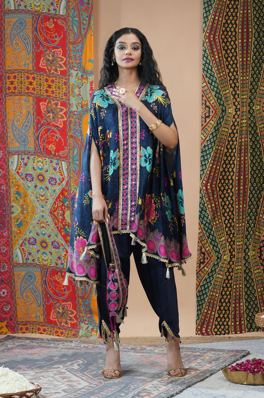 Midnight Bloom Navy Cotton Muslin Kaftan Set - Noor-e-Rang