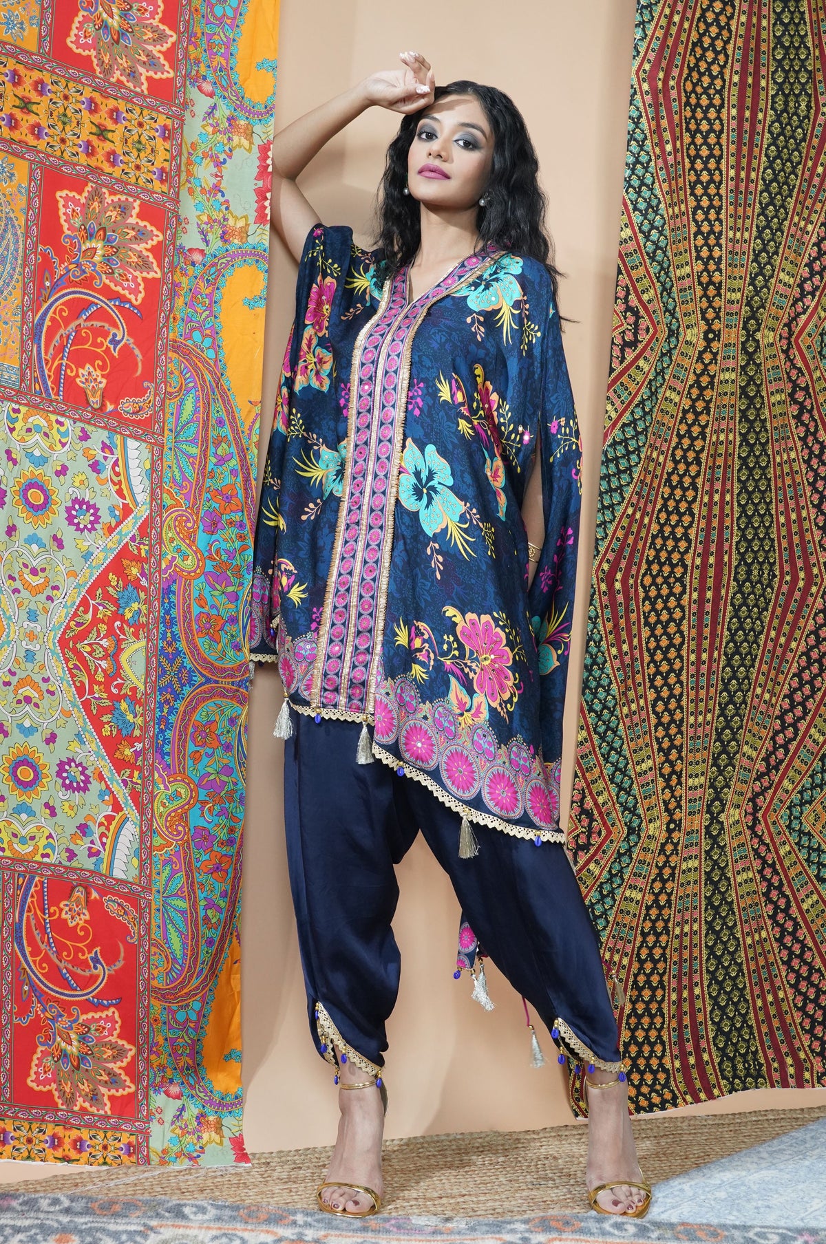 Midnight Bloom Navy Cotton Muslin Kaftan Set - Noor-e-Rang