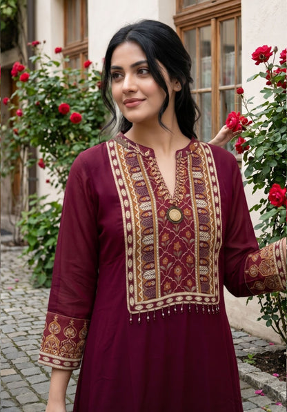 Wine Printed Viscose Georgette Kurta Pant Ethnic Suit Set