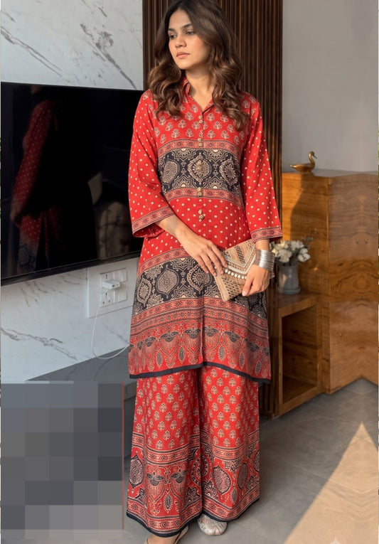 Red Printed Premium Crepe Kaftan Palazzo Suit Set