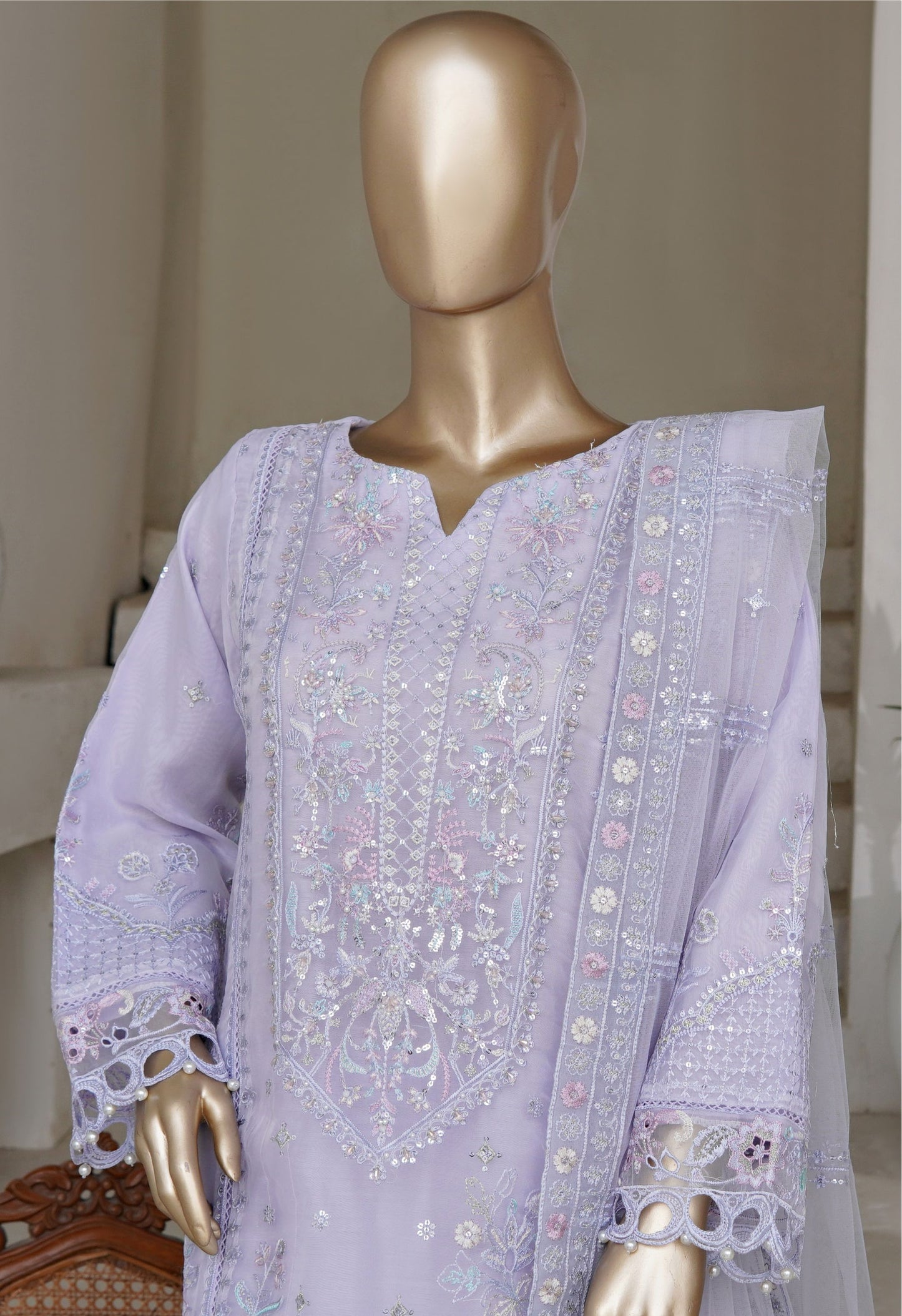 Lilac Purple Embroidered Organza Suit - Sadabahar