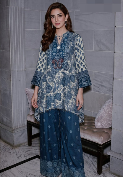 Navy Blue Printed Viscose Crepe Kurta Palazzo Suit Set