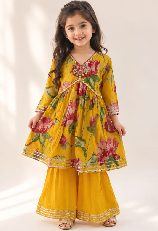 Mustard Yellow Cotton Girls Floral Kurta Palazzo Set - Twiny Twirls