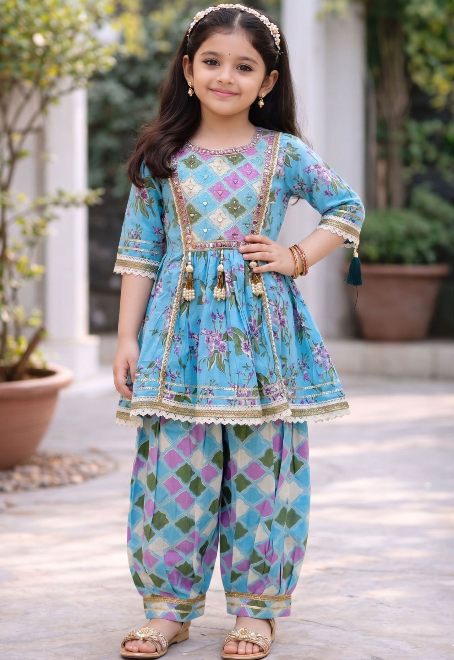 Sky Blue Cotton Girls Printed Kurta Dhoti Set  - Twiny Twirls