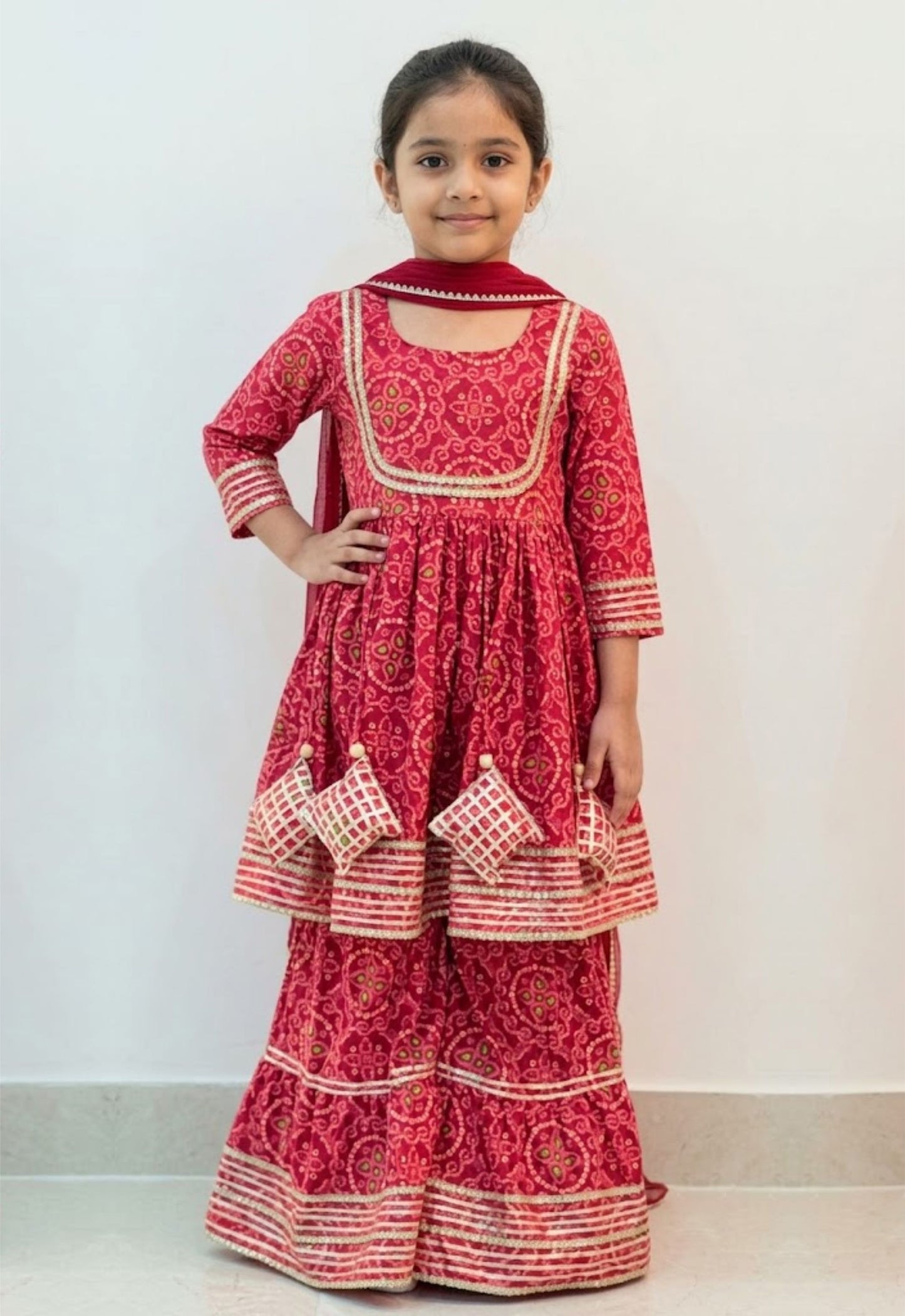 Maroon Cotton Girls Printed Kurta Palazzo Set  - Twiny Twirls