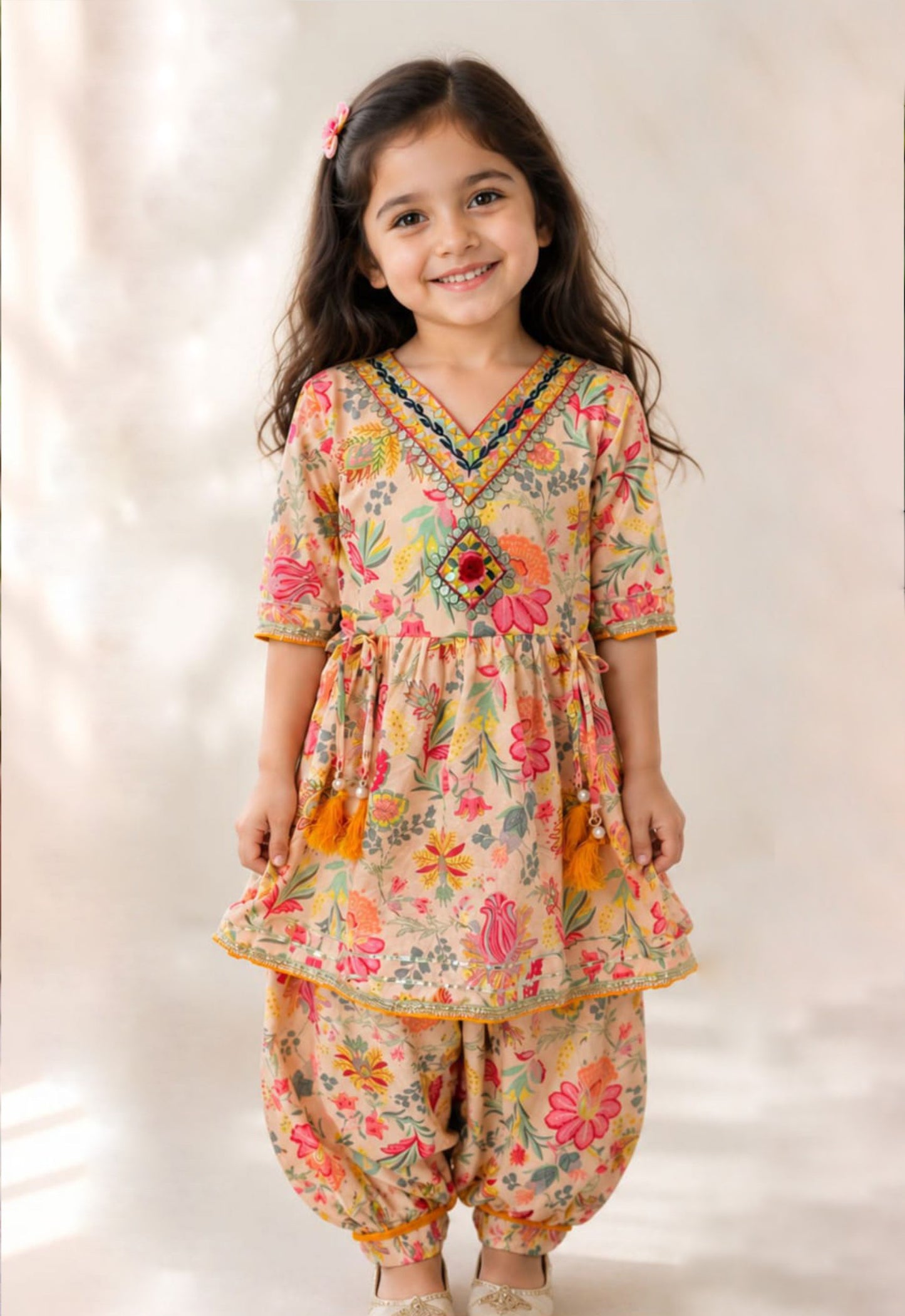 Beige Cotton Girls Floral Kurta Dhoti Set with Tassel Embellished - Tiny Twirls