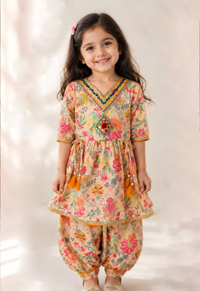 Beige Cotton Girls Floral Kurta Dhoti Set with Tassel Embellished - Tiny Twirls